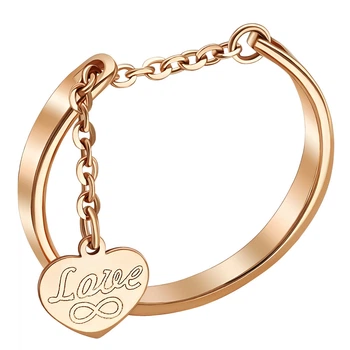 Золоте жіноче кільце з ланцюжком і серцем-підвіскою Love 16.5 р, 585 проба (300472)
