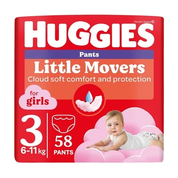 Дитячі підгузки-трусики Huggies Little Movers Pants для дівчаток, розмір 3 (6-11 кг), 58 шт Дитячі одноразові підгузники Pants з індикатором вологи та сухістю до 12 годин Памперси трусиками пантс для дітей