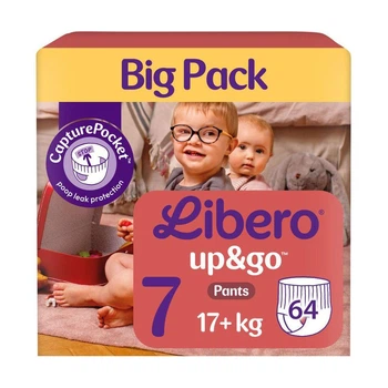 Детские подгузники-трусики Libero Up&Go размер 7 (17+ кг), 32 шт * 2 пачки Детские одноразовые подгузники Pants с индикатором влаги и защитой от протечек Памперсы трусиками пантс для детей
