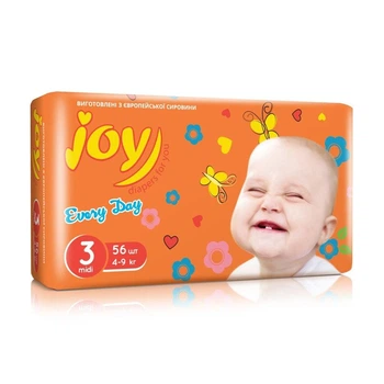 Детские подгузники Joy Every Day размер 3 (4-9 кг), 56 шт Детские одноразовые подгузники с защитой от протечек и надежной фиксацией Памперсы для детей