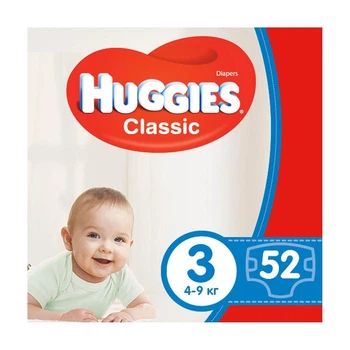 Дитячі підгузки Huggies Classic розмір 3 (4-9 кг), 52 шт Дитячі одноразові підгузники з надійною фіксацією та захистом від протікань до 12 годин Памперси для дітей