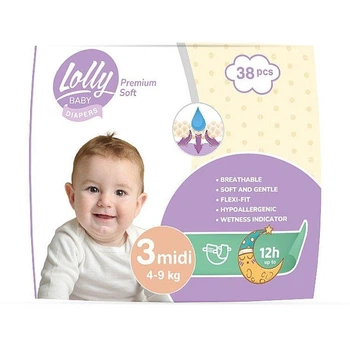 Детские подгузники Lolly Premium Soft Midi размер 3 (4-9 кг), 38 шт Детские одноразовые подгузники с индикатором влаги и сухостью до 12 часов Памперсы для детей