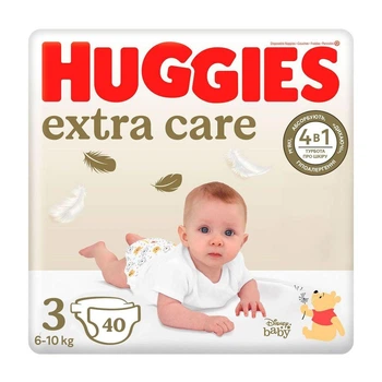 Дитячі підгузки Huggies Extra Care Jumbo розмір 3 (6-10 кг), 40 шт Дитячі одноразові підгузники з індикатором вологи та миттєвим поглинанням Памперси для дітей