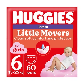 Детские подгузники-трусики Huggies Little Movers Pants для девочек размер 6 (15-25 кг) 60 шт