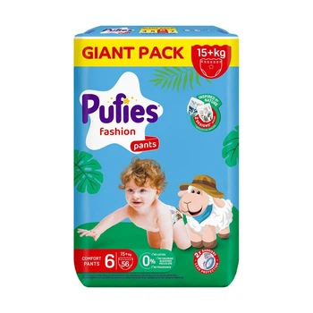 Детские подгузники-трусики Pufies Fashion размер 6 (15+ кг), 56 шт Детские одноразовые подгузники с суперэффектом поглощения и сухостью до 12 часов Памперсы трусиками пантс для детей