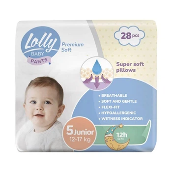 Детские подгузники-трусики Lolly Premium Soft Junior размер 5 (12-17 кг), 28 шт Детские одноразовые подгузники с индикатором влаги и сухостью до 12 часов Памперсы трусиками пантс для детей