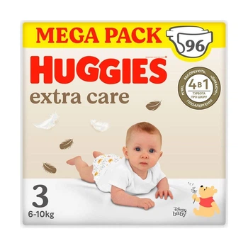 Дитячі підгузки Huggies Extra Care Box розмір 3 (6-10 кг), 96 шт Дитячі одноразові підгузники з індикатором вологи та миттєвим поглинанням Памперси для дітей
