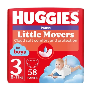 Дитячі підгузки-трусики Huggies Little Movers Pants для хлопчиків, розмір 3 (6-11 кг), 58 шт Дитячі одноразові підгузники Pants з індикатором вологи та сухістю до 12 годин Памперси трусиками пантс для дітей