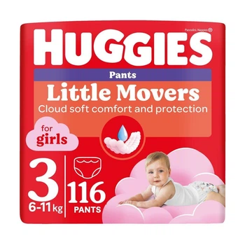 Дитячі підгузки-трусики Huggies Little Movers Pants для дівчаток, розмір 3 (6-11 кг), 116 шт Дитячі одноразові підгузники Pants з індикатором вологи та сухістю до 12 годин Памперси трусиками пантс для дітей