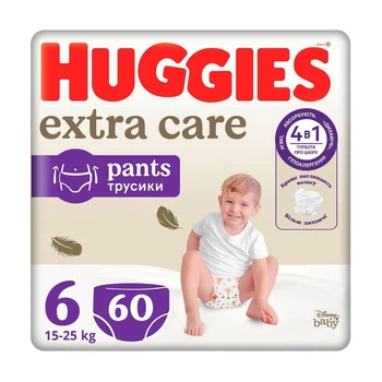 Детские подгузники-трусики Huggies Extra Care Pants размер 6 (15-25 кг), 60 шт Детские одноразовые подгузники с индикатором влаги и эластичным поясом Памперсы трусиками пантс для детей