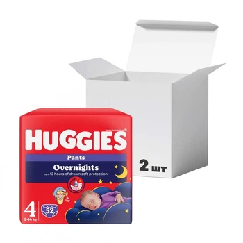 Детские подгузники-трусики Huggies Overnights Pants, размер 4 (9-14 кг), 2*26 шт Ночные подгузники с индикатором влажности и защитой от протекания до 12 часов Подгузники-трусики для комфортного сна детей