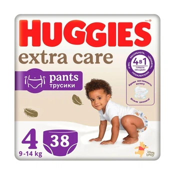 Детские подгузники-трусики Huggies Extra Care Pants размер 4 (9-14 кг), 38 шт Детские одноразовые подгузники с индикатором влаги и эластичным поясом Памперсы трусиками пантс для детей
