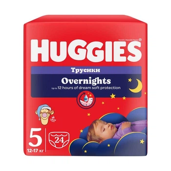 Дитячі підгузки-трусики Huggies Overnights Pants, розмір 5 (12-17 кг), 24 шт Нічні підгузники з індикатором вологи та захистом від протікання до 12 годин Памперси трусиками пантс для комфортного сну дітей