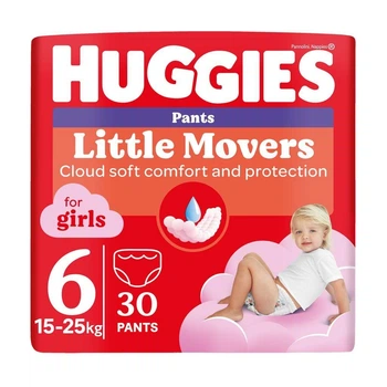 Детские подгузники-трусики Huggies Little Movers Pants для девочек размер 6 (15-25 кг) 30 шт