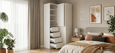 Розпашна кутова шафа для одягу Gerry 950*950*2000, з полицями, штангою та шухлядами Білий