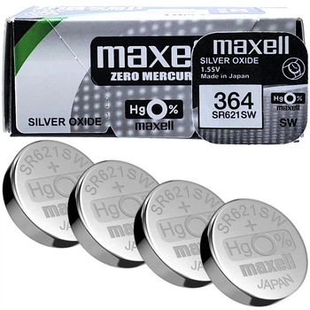 Батарейки Maxell SR621SW (364) 1.55V Silver Oxide, набор 4 ШТУКИ, серебряно-оксидные для часов