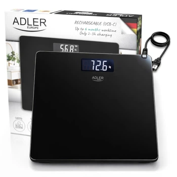 Ваги підлогові Adler AD 8194 black, акумуляторні USB-C, 180 кг, точність 100 г