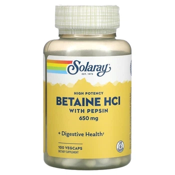Биодобавка Бетаин HCl + пепсин Solaray (HCL with Pepsin) 650 мг 100 капсул SOR04814 SOR04814