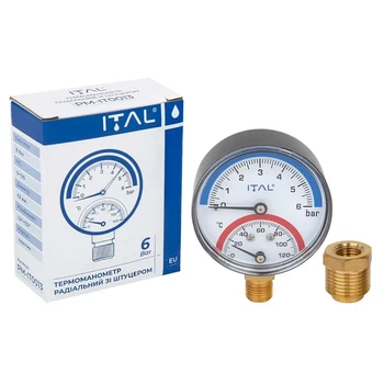 Термоманометр радіальний ITAL Ø63мм 1/4"+1/2" 120ºC 6 бар (PM-IT0013)