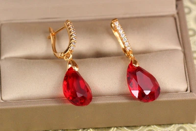Сережки підвіски Xuping Jewelry Велика крапля із червоним каменем Сваровські 3,4 см золотисті
