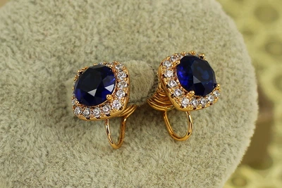 Серьги клипсы Xuping Jewelry Принцесса с синим камнем 11 мм золотистые