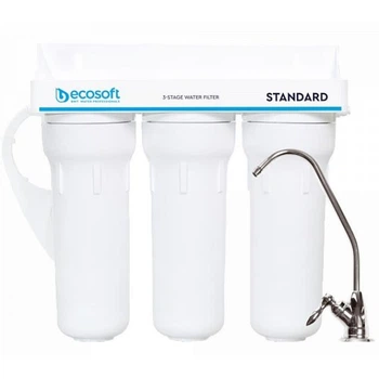 Фільтр проточний тристадійний Ecosoft Standard, покращений комплект картриджів з Ecomix, кран капля