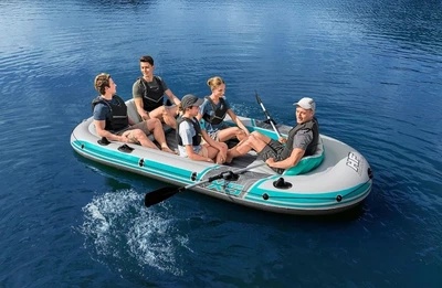 Човен надувний BestWay 65159 «Adventure Elite» (45*166*364 см, гребний, п'ятимісний, трикам., весла ↔145 см, насос, подушки, надувне дно, до 600 кг)