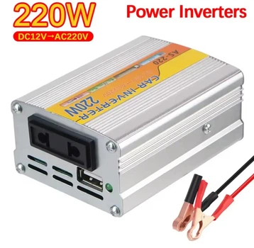 Инвертор напряжения 12/220V 1 универсальная розетка, 1*USB (DC:5V/2.4A), провода - крокодилы
