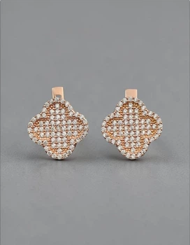 Серебряные серьги 925 пробы в стиле Van Cleef (Ван Клиф) клевер с белыми камушками (ЛПЧ-4021б)