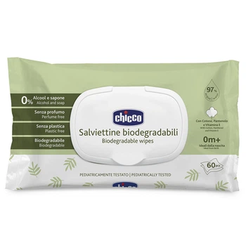 Влажные салфетки c пантенолом и витамином Е Chicco, биоразлагаемые, 60 шт. (12050.70)
