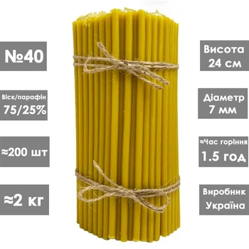 Церковные свечи восковые 75% №40 / 24см / 2кг / 200шт