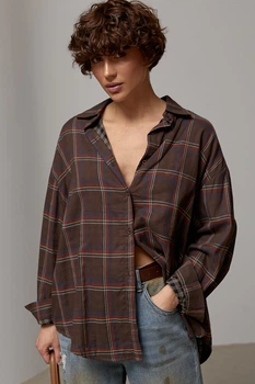 Классическая клетчатая рубашка свободного фасона Lurex Темный коричневый One Size (93560)
