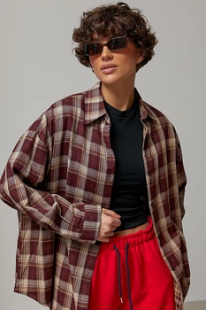 Классическая клетчатая рубашка свободного фасона Lurex Бордовый One Size (93560)
