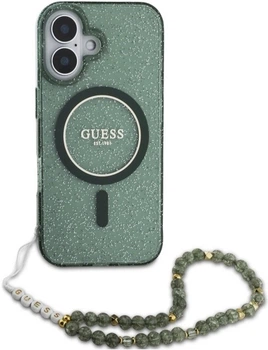 Etui Guess IML Glitter With Pearl Strap MagSafe do Apple iPhone 16 Zielone (3666339298401)