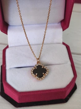 Серебряное колье в стиле Van Cleef Ван Клиф клевер в позолоте с Ониксом (СТ-805конп)