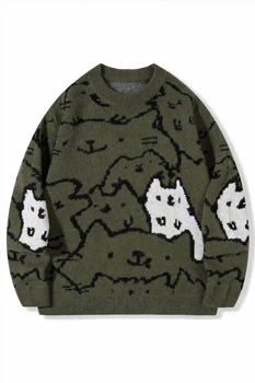 Темно-зелений светр з принтом котиків у стилі Ripndip S