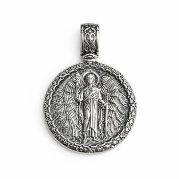 Серебряный круглый кулон Ангел Хранитель, ладанка с чернением и орнаментом 8 гр, 925 проба