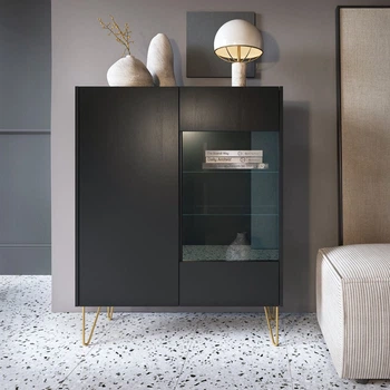 Вітрина Perfect Home Гармоні / Harmony 2-дверна з золотими ніжками WT97 Чорний/чорний мармур роял (PFH-091186)