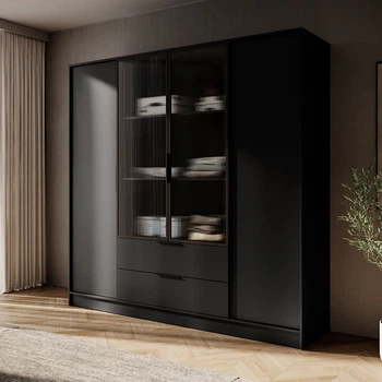 Гардеробна / шафа для одягу Perfect Home Келлі / Kelly 4DRM 4-дверна з центральними прозорими дверцятами та додатковими полицями Чорний (PFH-091899)