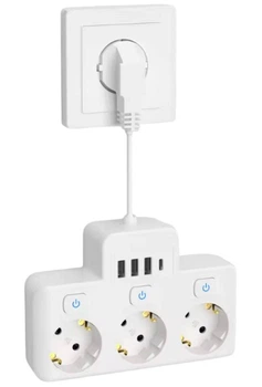 Настенный подвесной короткопроводной сетевой фильтр разветвитель на 3 EU розетки 3 USB 1 Type-C QC3.0 / PD 220-250В с выключателем 2500Вт удлинитель быстрая зарядка для телефона повышенная безопасность отдельный выключатель на каждую розетку White