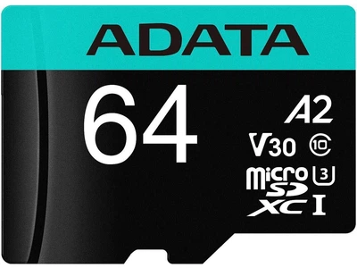 Карта памяти ADATA microSDXC (UHS-1 U3) Premier Pro 64Gb Class 10 V30S A2 (R-100Mb/s W85Mb/s) (AUSDX64GUI3V30SA2-RA1)