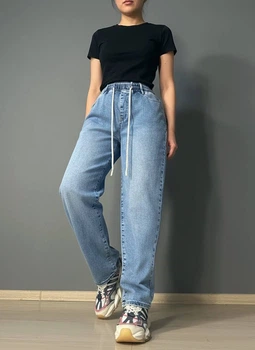 Джинсы женские Liana 1-056 MOM jeans на резинке со шнурком стрейчевые большие размеры 40 голубые