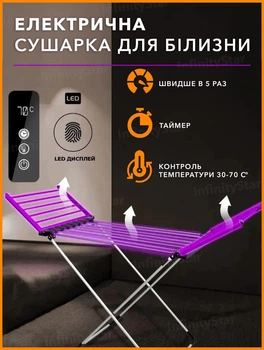 Электросушилка для белья полотенец одежды электрическая сушарка с подогревом боковых крыльев и регулировкой температури термостатом таймером 230W переносная электросушка бельевая на балкон в квартиру раскладная напольная сушилка серая (LM43)
