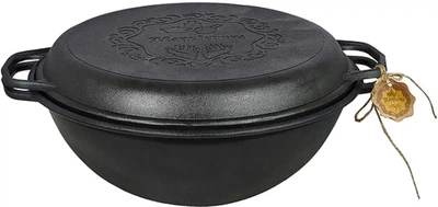 Котел 8л чугунный 34см узбекский WOK с крышкой сковородой чугунный вес 9,79кг