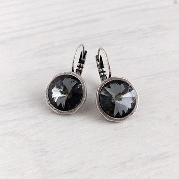 Серьги Hand Made винтажные с кристаллами Swarovski серебристо-черного оттенка Silver Night