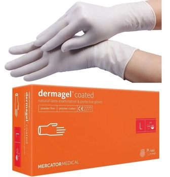Рукавички латексні неопудрені Mercator Medical Dermagel Coated WHITE (100 шт), преміум розмір L (8-9), білі, оглядові