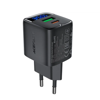 Мережевий зарядний пристрій ACEFAST A116 PD35W GaN charger (USB-A+USB-C) with digital display Black (6974316284468)