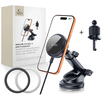 Автодержатель с функцией беспроводной зарядки Tech-Protect V9 ArcticBoost Magnetic Dashboard & Vent Car Mount Wireless Charger 25W Qi2.2 Black with Ma