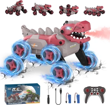 Робот динозавр A Toys 2209 трюковая машинка на радиоуправлении 8 колес с паром светом звуком и USB для музыки Красный для детей для активных гонок