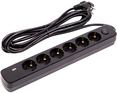 Мережевий фільтр PowerPlant 5 м 6 розеток 1 USB 2 Type-C Чорний (EX610679)